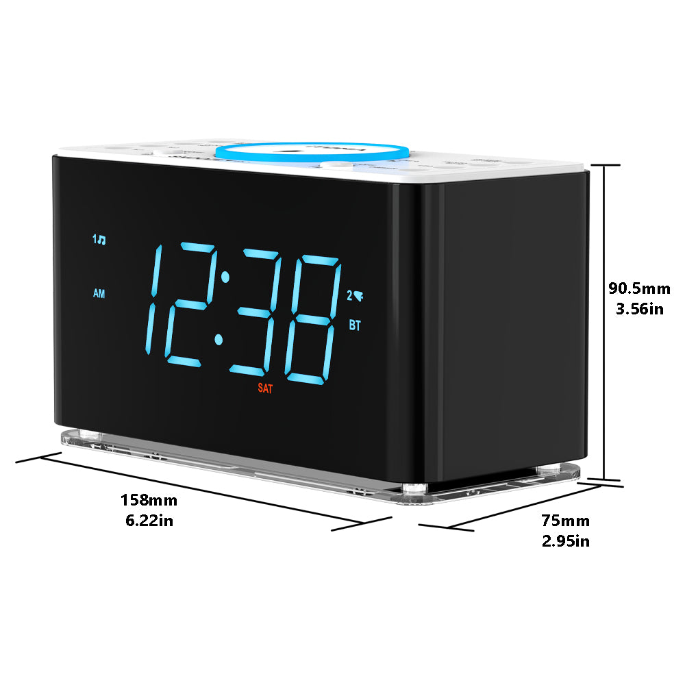 Alarm Clock Radio with 15W Wireless Charger, APP Control, FM Radio, Bluetooth, Two Charging Ports, Dual Alarm, Sleep Timer, Snooze, Auto-Manual Dimmer, Night Light &1.4" Ice Blue LED Display Clock Radio for Bedroom iTOMA 207A