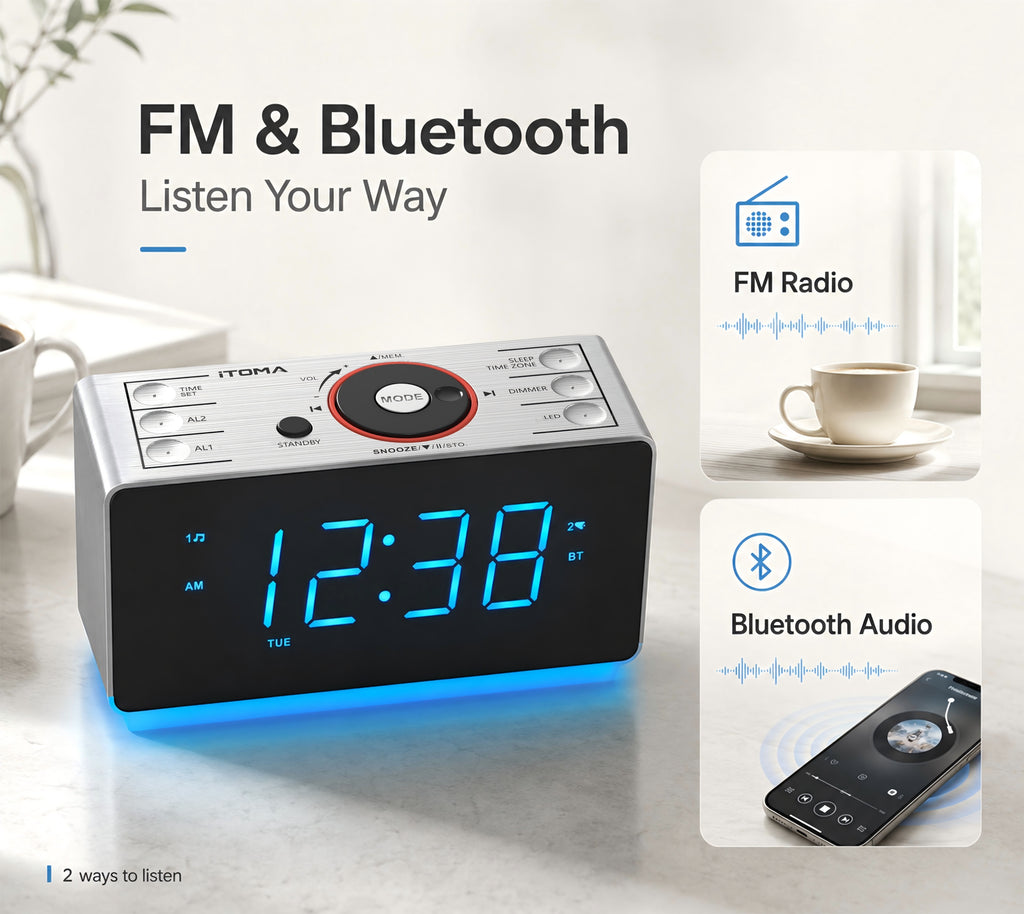 iTOMA Alarm Clock Radio Bluetooth Speaker, Dual Alarm, FM Radio LED Display