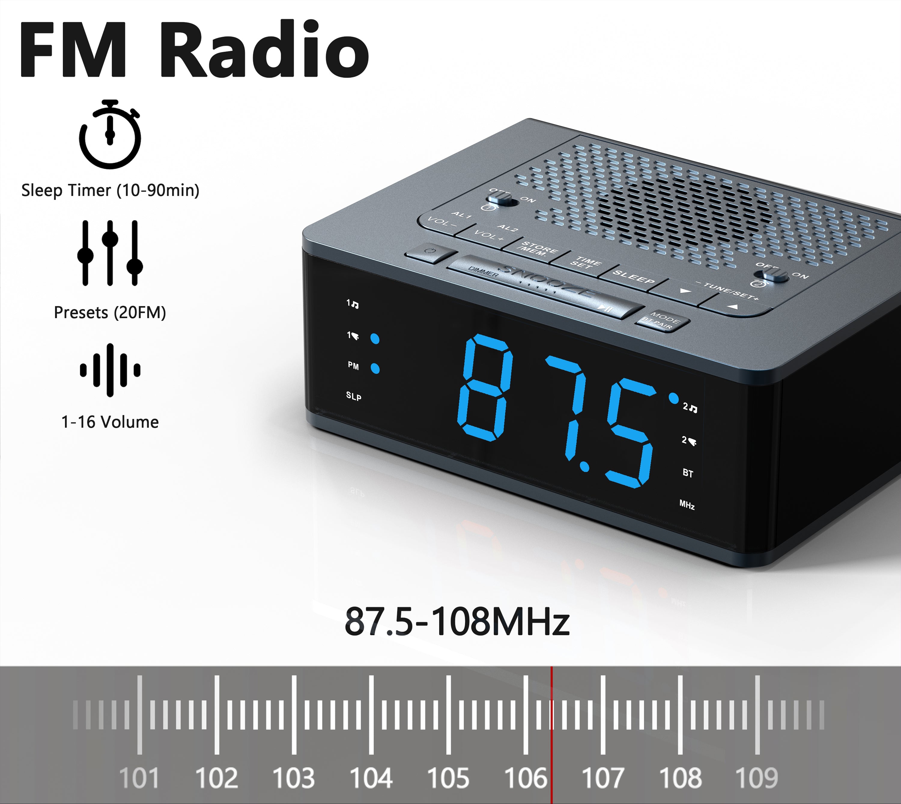 Bedroom Digital Alarm clock with FM radio, Bluetooth, Dimmable LED display screen, sleep timer, adjustable volume, dual alarm clock with on/off button, bedside alarm clock for adults, the elderly and children iTOMA 515