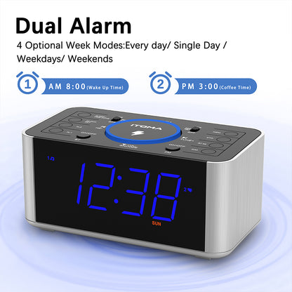 Alarm Clock Radio with 5W Wireless Charging, Snooze,Bluetooth, Dual Alarm, 1.4'' LED Display, Dimmer, USB Charging Clock for Bedside iTOMA 206S