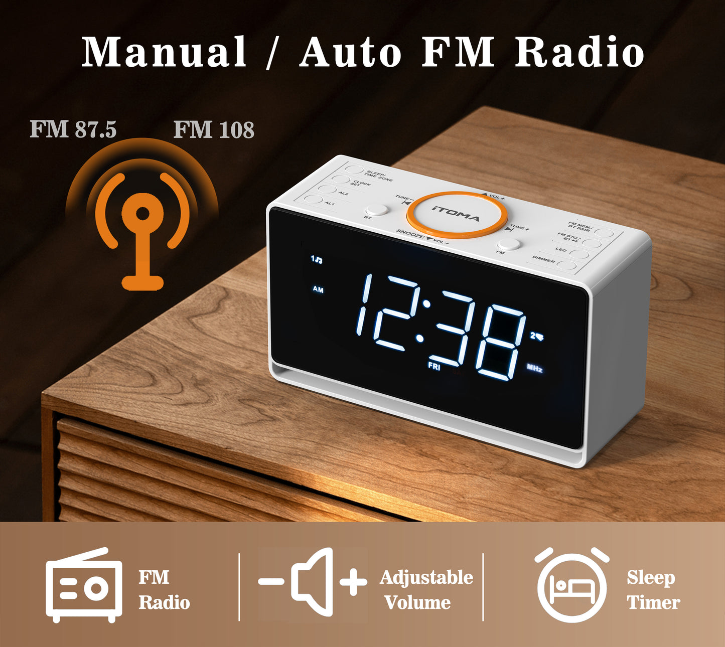 Alarm Clock Radio, 1.4" White LED Display Clock with Bluetooth, FM Radio, Dual Alarm, Sleep Timer, Snooze, Auto & Manual Dimmer, USB Charger and Night Light iTOMA 718