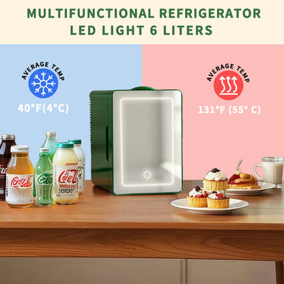 6L K6104 Mini Skincare Fridge with LED Mirror, 6Liter/6 Cans Cooler and Warmer for Makeup, Cosmetic, Beauty, Food, Medicine Portable Small Refrigerator 100% Freon-Free Eco Friendly for Bedroom, Nursery, Office, Camp and Car