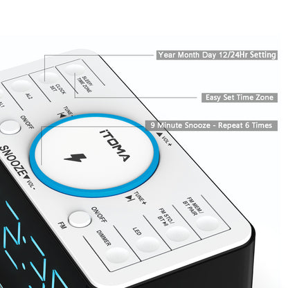 Alarm Clock Radio with 15W Wireless Charger, APP Control, FM Radio, Bluetooth, Two Charging Ports, Dual Alarm, Sleep Timer, Snooze, Auto-Manual Dimmer, Night Light &1.4" Ice Blue LED Display Clock Radio for Bedroom iTOMA 207A