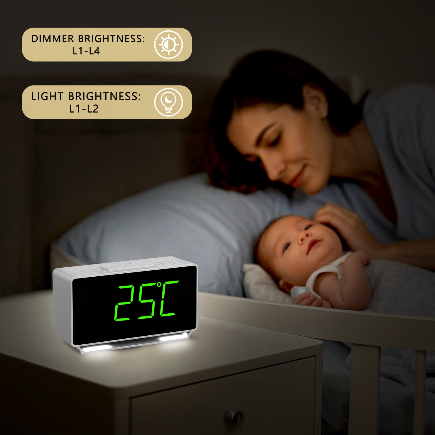 Alarm Clock, Dual Alarms with Temperature Display, Snooze,12/24Hr, Night Light and Adjustable Volume, Dimmable, Battery Backup, Portable Small LED Clocks for Bedroom iTOMA222