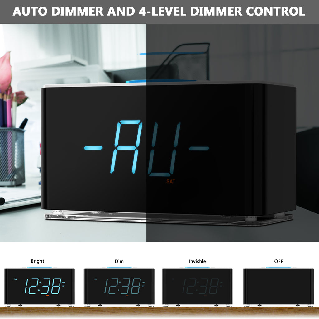 Bedside Alarm Clock Radio, 15 W Ultra Fast Wireless Phone Charger with wireless conncetion, USB Charging Port, Dual Alarm, Sleep Timer, Snooze, Dimmer, FM Radio,Cyan LED Night Light &1.4" Display iTOMA 207S