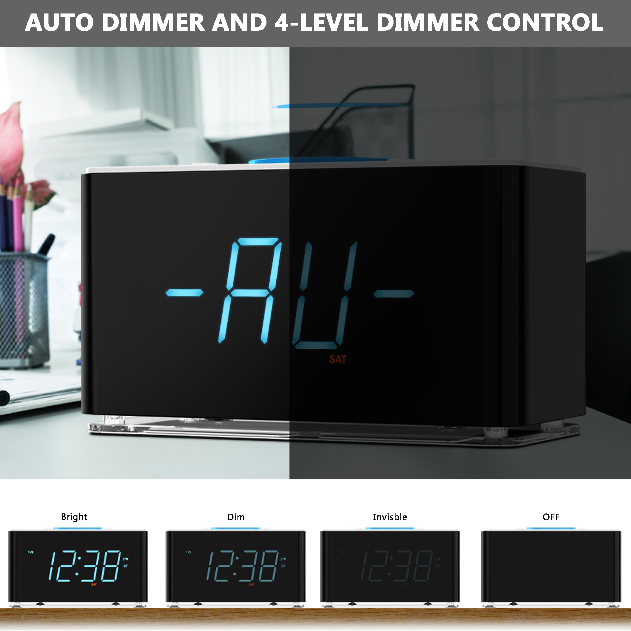 Bedside Alarm Clock Radio, 15 W Ultra Fast Wireless Phone Charger with wireless conncetion, USB Charging Port, Dual Alarm, Sleep Timer, Snooze, Dimmer, FM Radio,Cyan LED Night Light &1.4" Display iTOMA 207S