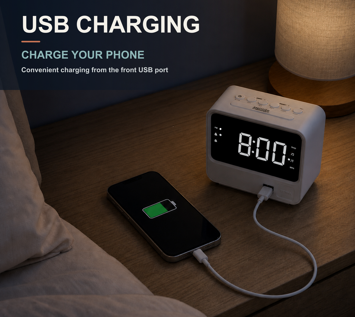 Radio despertador para dormitorios con dos puertos de carga USB, números grandes con brillo ajustable, radio FM digital de cabecera con temporizador de apagado, volumen ajustable, función de repetición de alarma para reloj digital LED blanco iTOMA A23