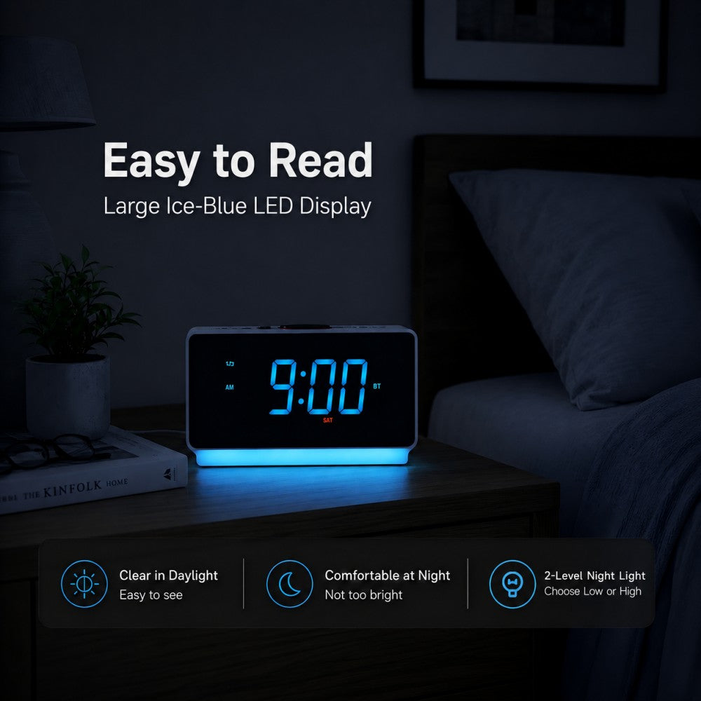 Digital Alarm Clock Radio with Bluetooth Speaker, FM Radio, Dual Alarm with Snooze, Large LED Display, Dimmer Control, Headphone,USB Charging Output and Night Light iTOMA 708