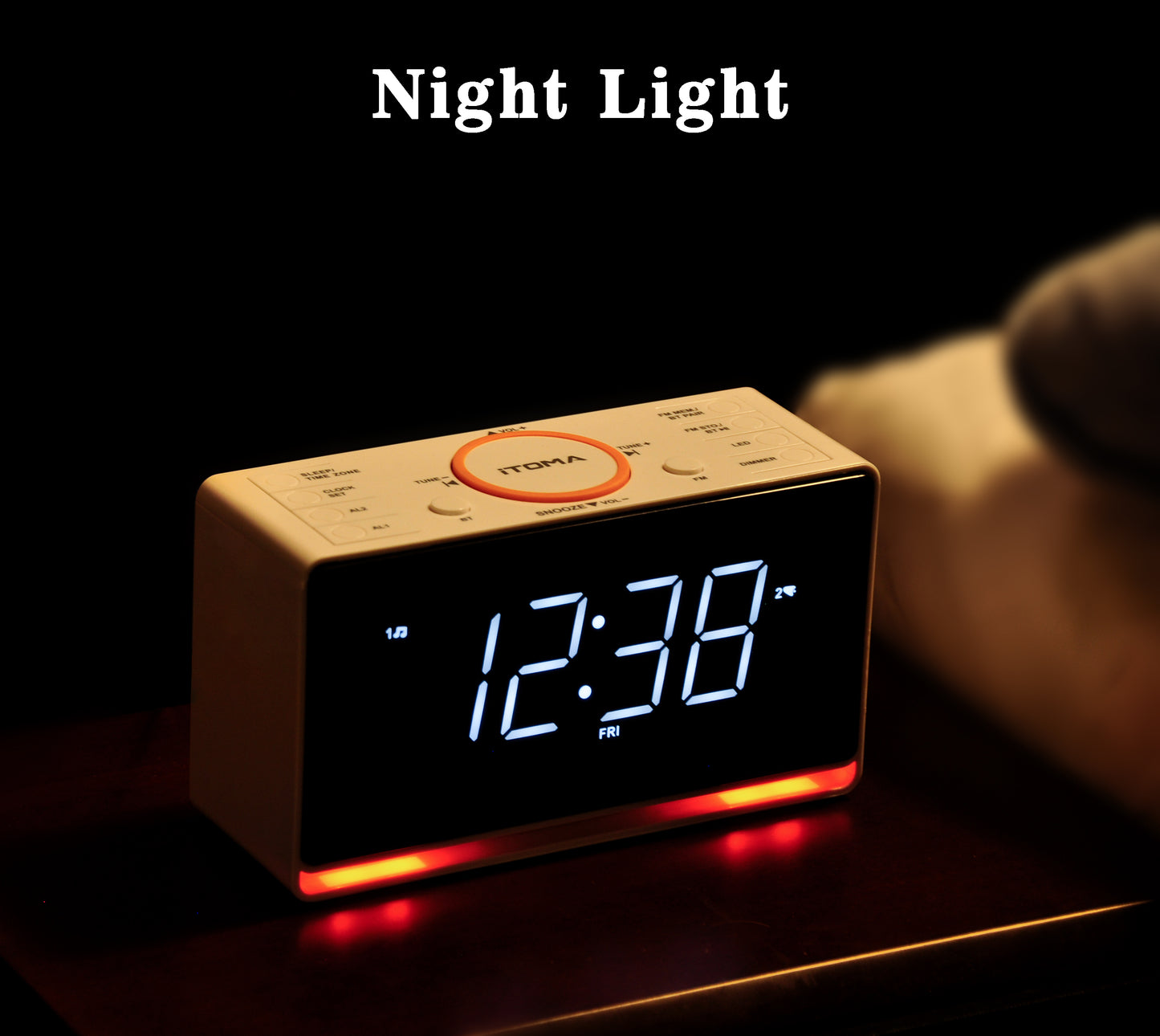 Alarm Clock Radio, 1.4" White LED Display Clock with Bluetooth, FM Radio, Dual Alarm, Sleep Timer, Snooze, Auto & Manual Dimmer, USB Charger and Night Light iTOMA 718