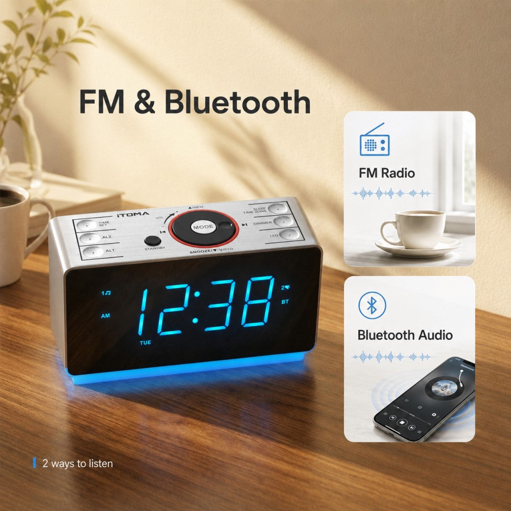 Digital Alarm Clock Radio with Bluetooth Speaker, FM Radio, Dual Alarm with Snooze, Large LED Display, Dimmer Control, Headphone,USB Charging Output and Night Light iTOMA 708