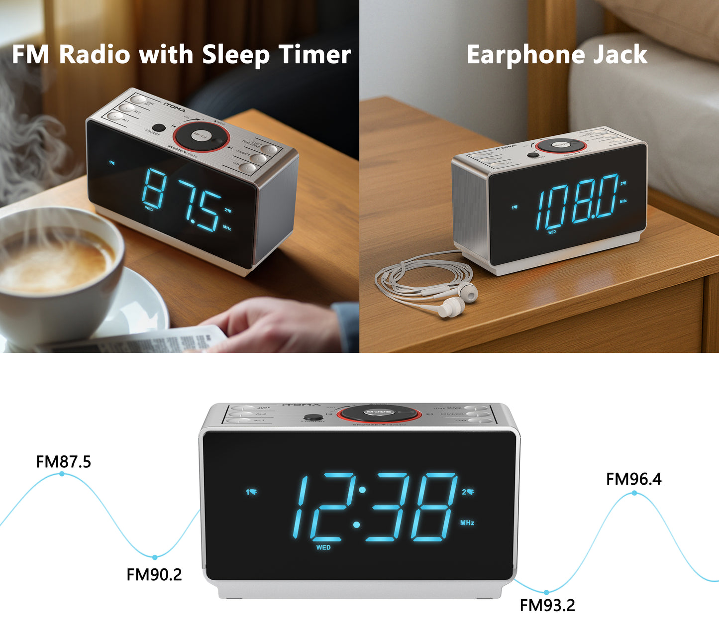 Alarm Clock Radio with Bluetooth Speaker, FM Radio, Dual Alarm with Snooze, Large LED Display, Dimmer Control, USB Charging Output and Night Light iTOMA 708