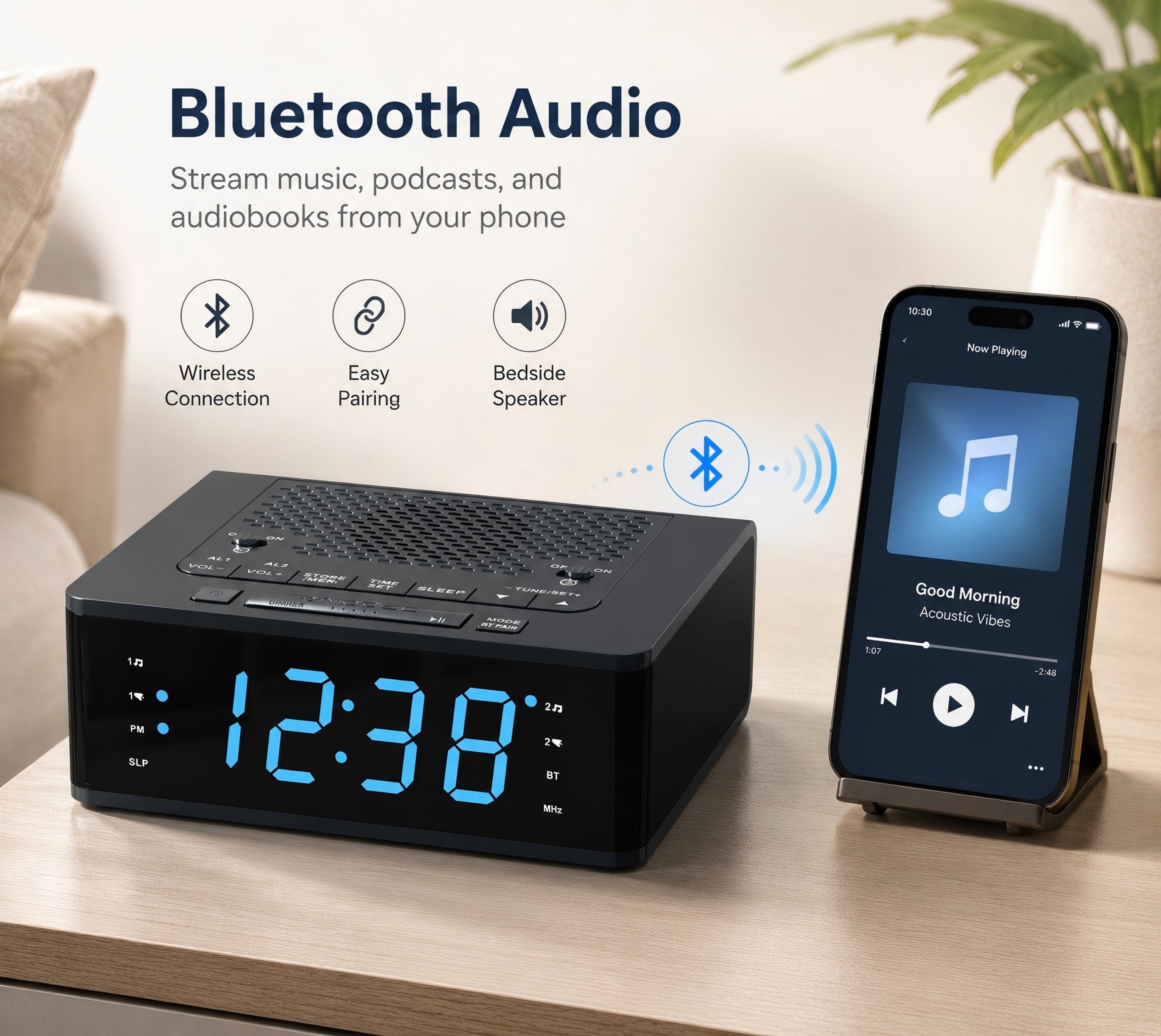Bedroom Digital Alarm clock with FM radio, Bluetooth, Dimmable LED display screen, sleep timer, adjustable volume, dual alarm clock with on/off button, bedside alarm clock for adults, the elderly and children iTOMA 515