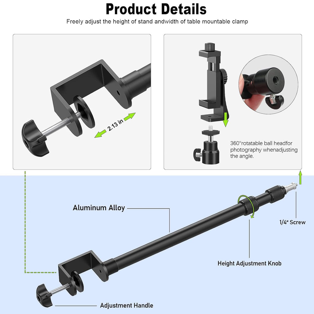 2 Pack Desk Mount with 1/4" & 3/8" Screws, Ball Head, 17-41" Adjustable Aluminum Stand, for DSLR & Ring Light