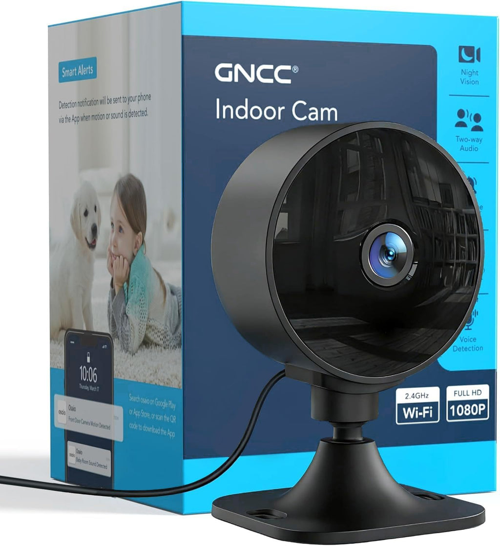 GNCC 2.4GHz Indoor Security Camera, 1080P Home Camera for Pet Monitoring, Motion Detection, Two-Way Audio, IR Night Vision, Easy Install, Cloud Storage Subscription Required, No 5GHz Support(Black-1P)
