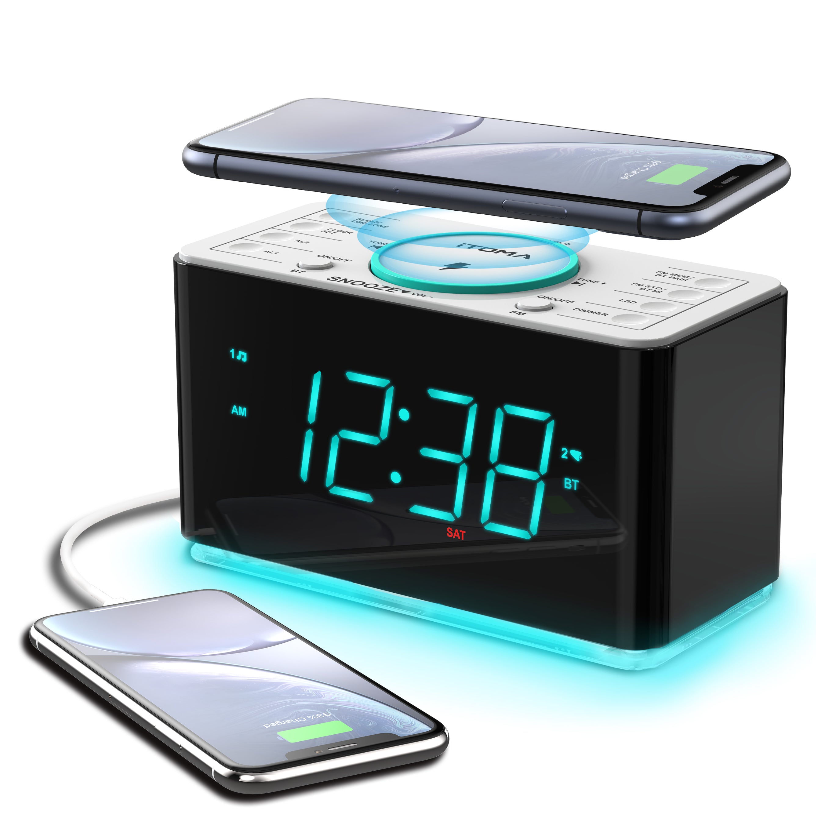 Bedside Alarm Clock Radio, 15 W Ultra Fast Wireless Phone Charger with wireless conncetion, USB Charging Port, Dual Alarm, Sleep Timer, Snooze, Dimmer, FM Radio,Cyan LED Night Light &1.4" Display iTOMA 207S
