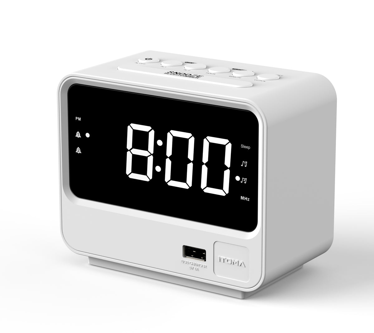 Radio despertador para dormitorios con dos puertos de carga USB, números grandes con brillo ajustable, radio FM digital de cabecera con temporizador de apagado, volumen ajustable, función de repetición de alarma para reloj digital LED blanco iTOMA A23