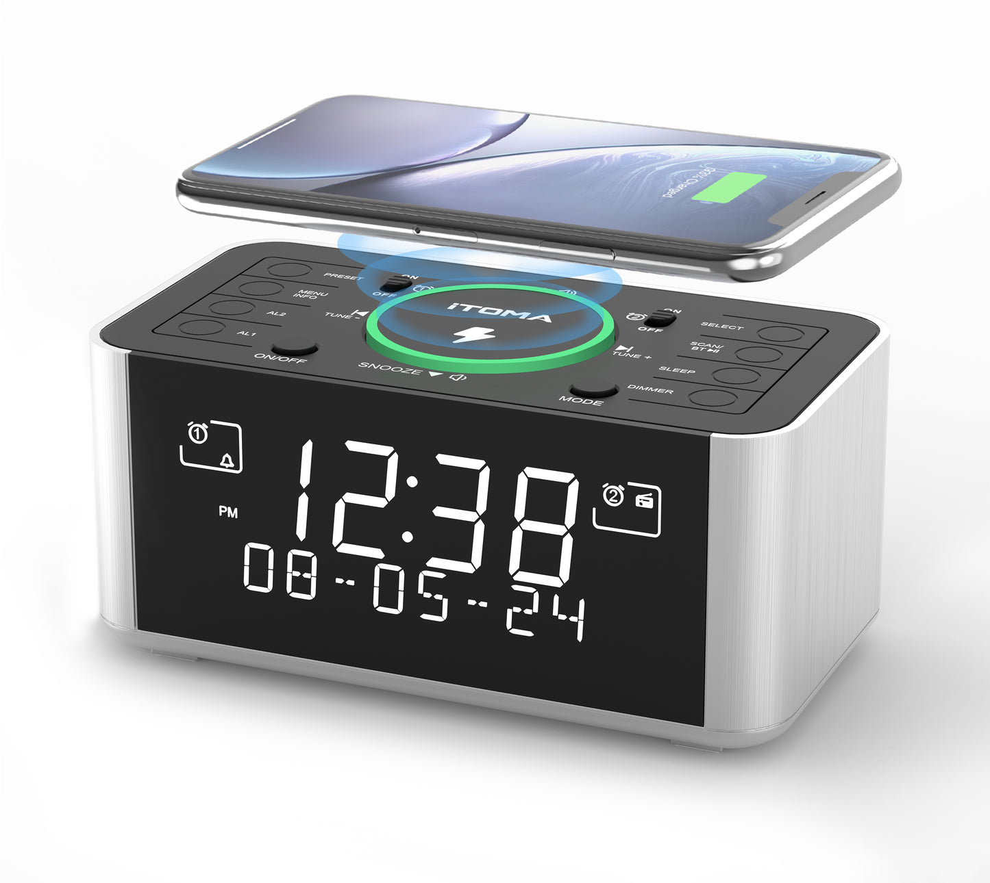 Wireless Charging Alarm Clock with DAB & FM Radio, 40 Preset Stations, Dual Alarms, Snooze, Dimmable LCD Display, Bluetooth, USB Charging and Earphone Jack, Bedside Alarm Radio iTOMA 206D