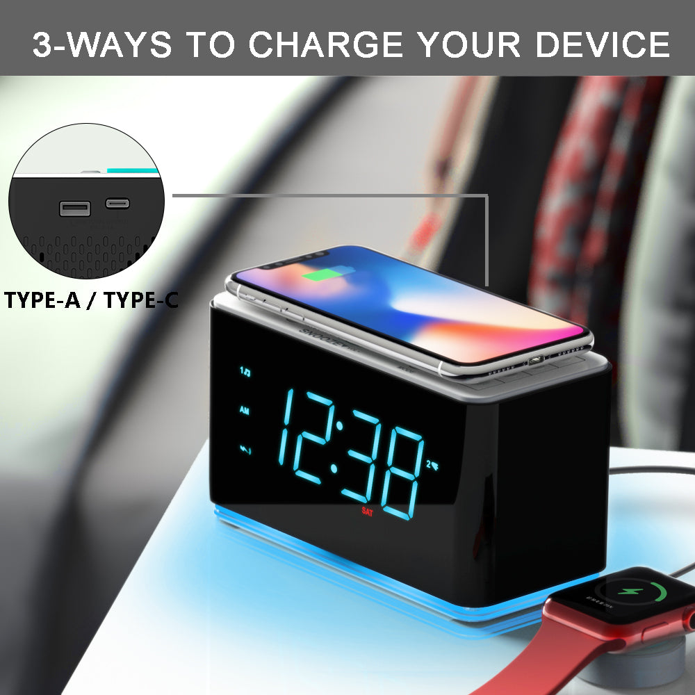 Alarm Clock Radio with 15W Wireless Charger, APP Control, FM Radio, Bluetooth, Two Charging Ports, Dual Alarm, Sleep Timer, Snooze, Auto-Manual Dimmer, Night Light &1.4" Ice Blue LED Display Clock Radio for Bedroom iTOMA 207A