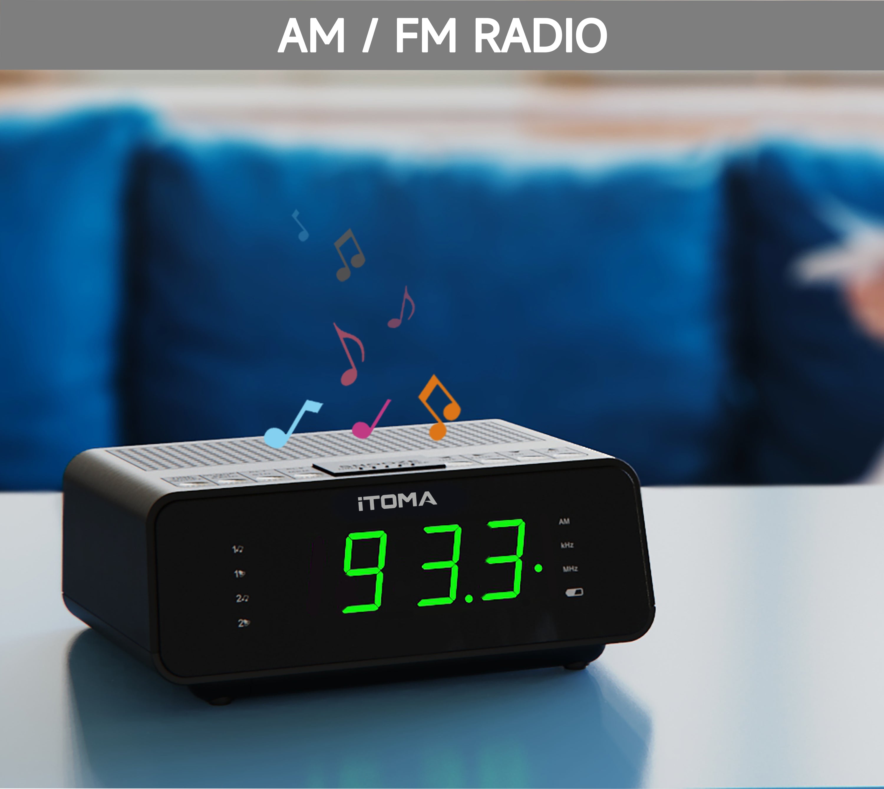 Digital iTOMA Alarm Clock with AM/FM Radio, 4-Level Dimmer, Snooze, Dual Alarms, Sleep Timer and Easy to Read 0.9" LED Jade Green Display 2100