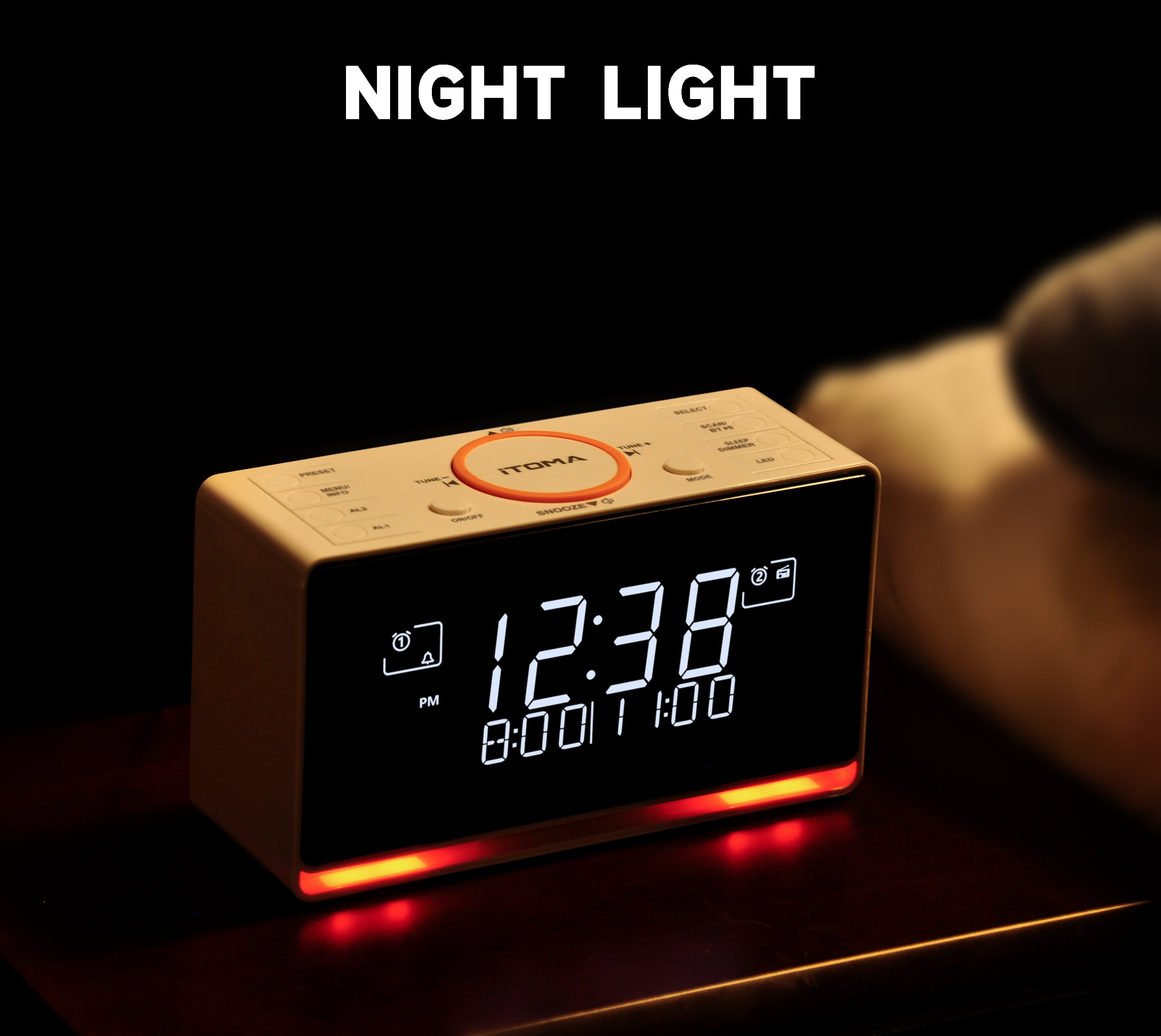DAB and FM, Bluetooth, dual alarm clocks, sleep timer, dimming control, USB charger and headphone jack iTOMA 728