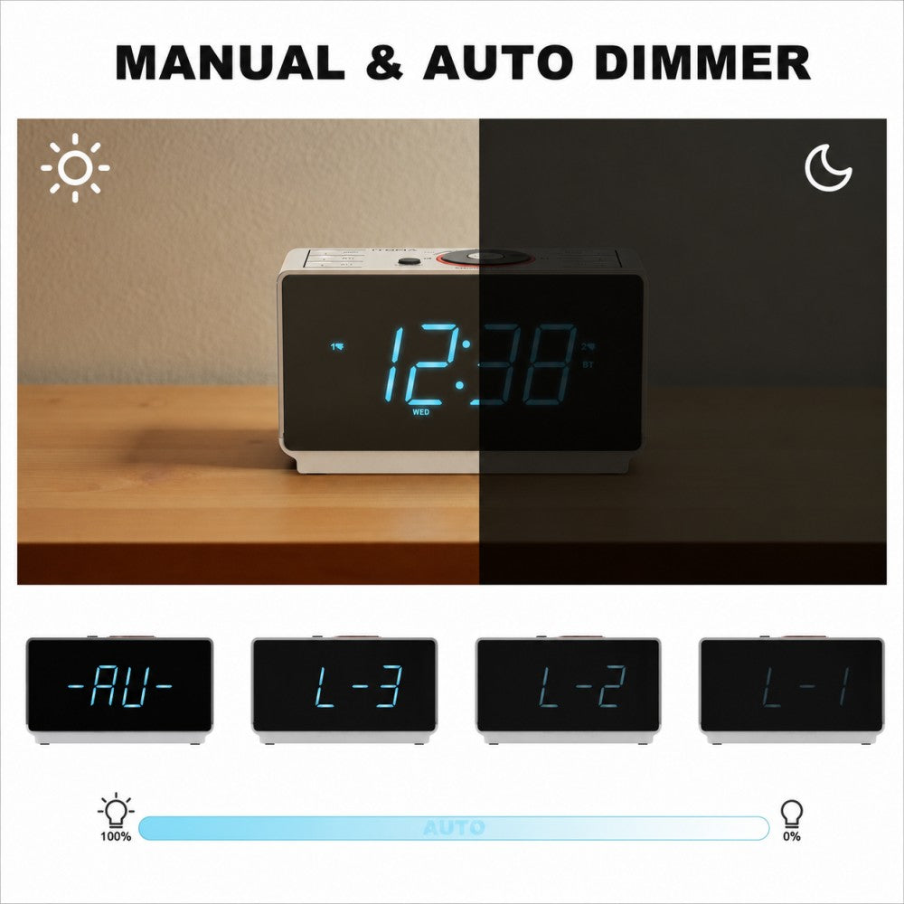 Radiowecker mit Bluetooth-Lautsprecher, UKW-Radio, Doppelalarm mit Schlummerfunktion, großem LED-Display, Dimmersteuerung, USB-Ladeausgang und Nachtlicht iTOMA CKS708 
