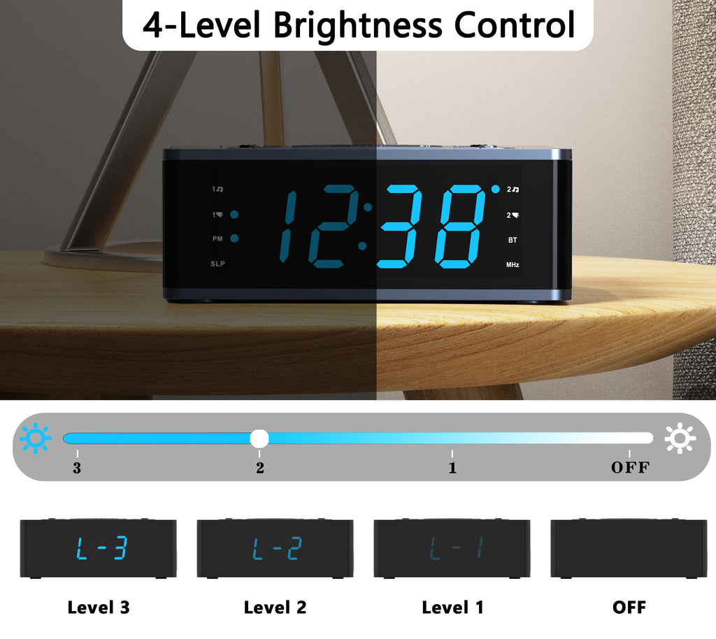 Bedroom Digital Alarm clock with FM radio, Bluetooth, Dimmable LED display screen, sleep timer, adjustable volume, dual alarm clock with on/off button, bedside alarm clock for adults, the elderly and children iTOMA 515