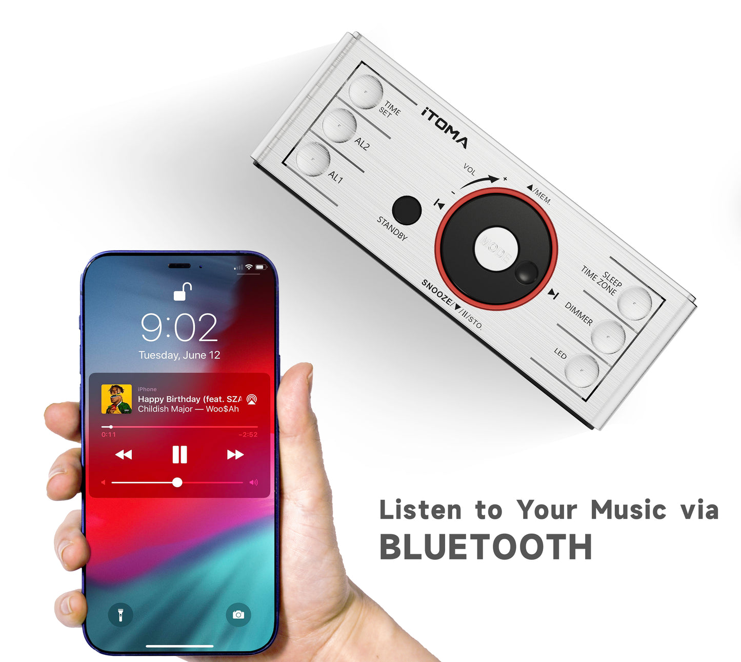 Alarm Clock Radio with Bluetooth Speaker, FM Radio, Dual Alarm with Snooze, Large LED Display, Dimmer Control, USB Charging Output and Night Light iTOMA 708