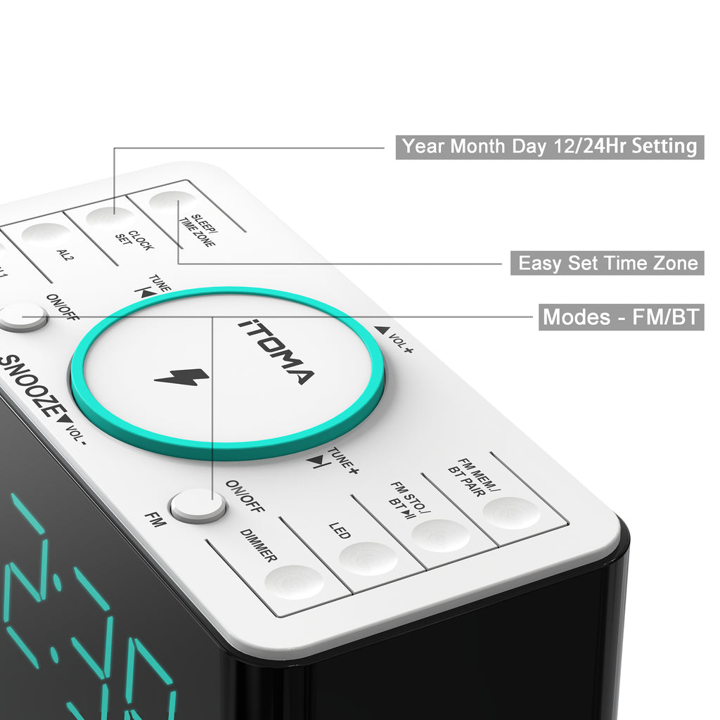 Bedside Alarm Clock Radio, 15 W Ultra Fast Wireless Phone Charger with wireless conncetion, USB Charging Port, Dual Alarm, Sleep Timer, Snooze, Dimmer, FM Radio,Cyan LED Night Light &1.4" Display iTOMA 207S