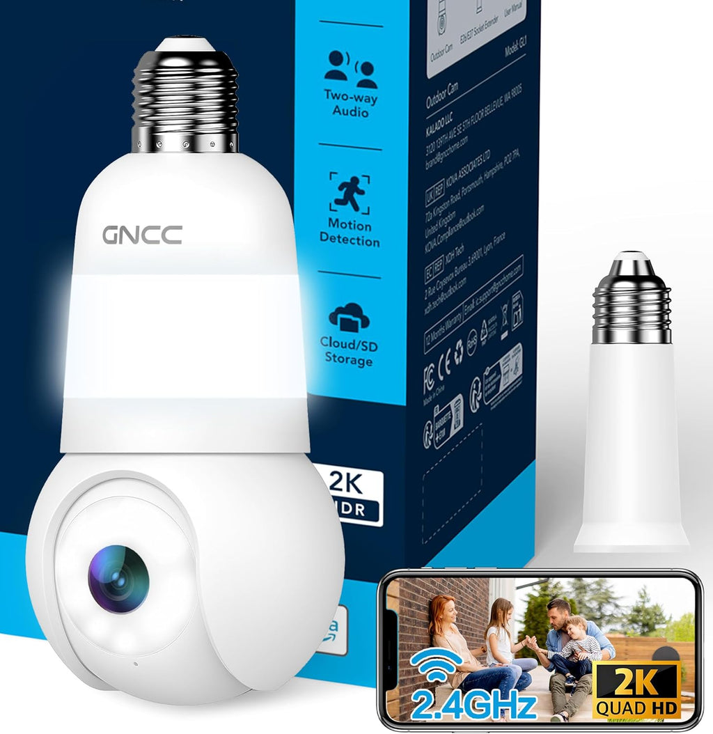 GNCC 2K Light Bulb Security Camera, 2.4GHz Only, 355° Wireless Outdoor Camera, Full-Color Night Vision, Motion Detection, Easy Install, Local & Cloud Storage Requires Subscription (1-Pack, White)