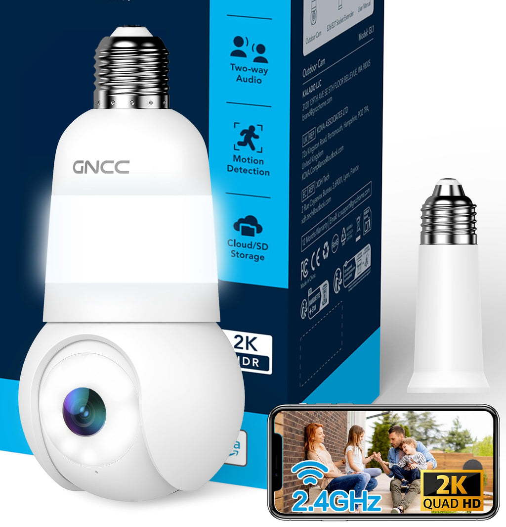 GNCC 2K Light Bulb Security Camera, 2.4GHz Only, 355° Wireless Outdoor Camera, Full-Color Night Vision, Motion Detection, Easy Install, Local & Cloud Storage Requires Subscription (1-Pack, White)