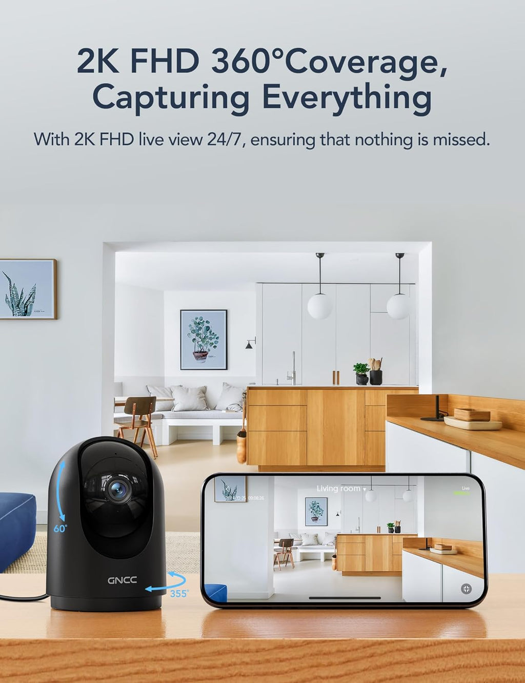 GNCC Indoor Security Camera, 2K Cameras for Home Security with Motion Detection, Baby/Pet Camera with Phone App, Night Vision, 2-Way Audio, TF/Cloud Storage, Works with Alexa & Google Home, 2.4G WiFi
