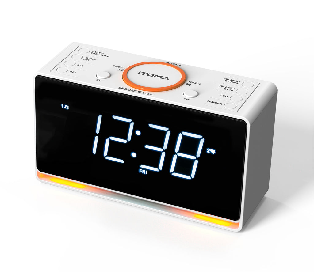 Digital Alarm Clock Radio, White LED Display Clock with Bluetooth, FM Radio, Dual Alarm, Sleep Timer, Snooze, Auto Manual Dimmer, USB Charger
