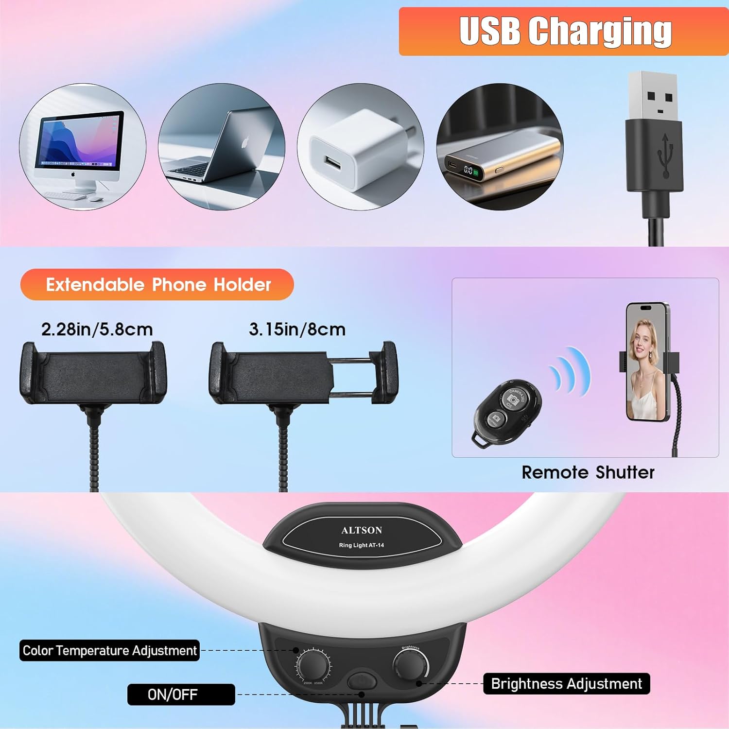 ALTSON 14'' Selfie Ring Light with 63'' Tripod Stand & Phone Holder, Dimmable LED Phone Ring Light for Video Recording/Live Streaming/Makeup/YouTube/TikTok, Circle Light with Remote for Phone&Camera