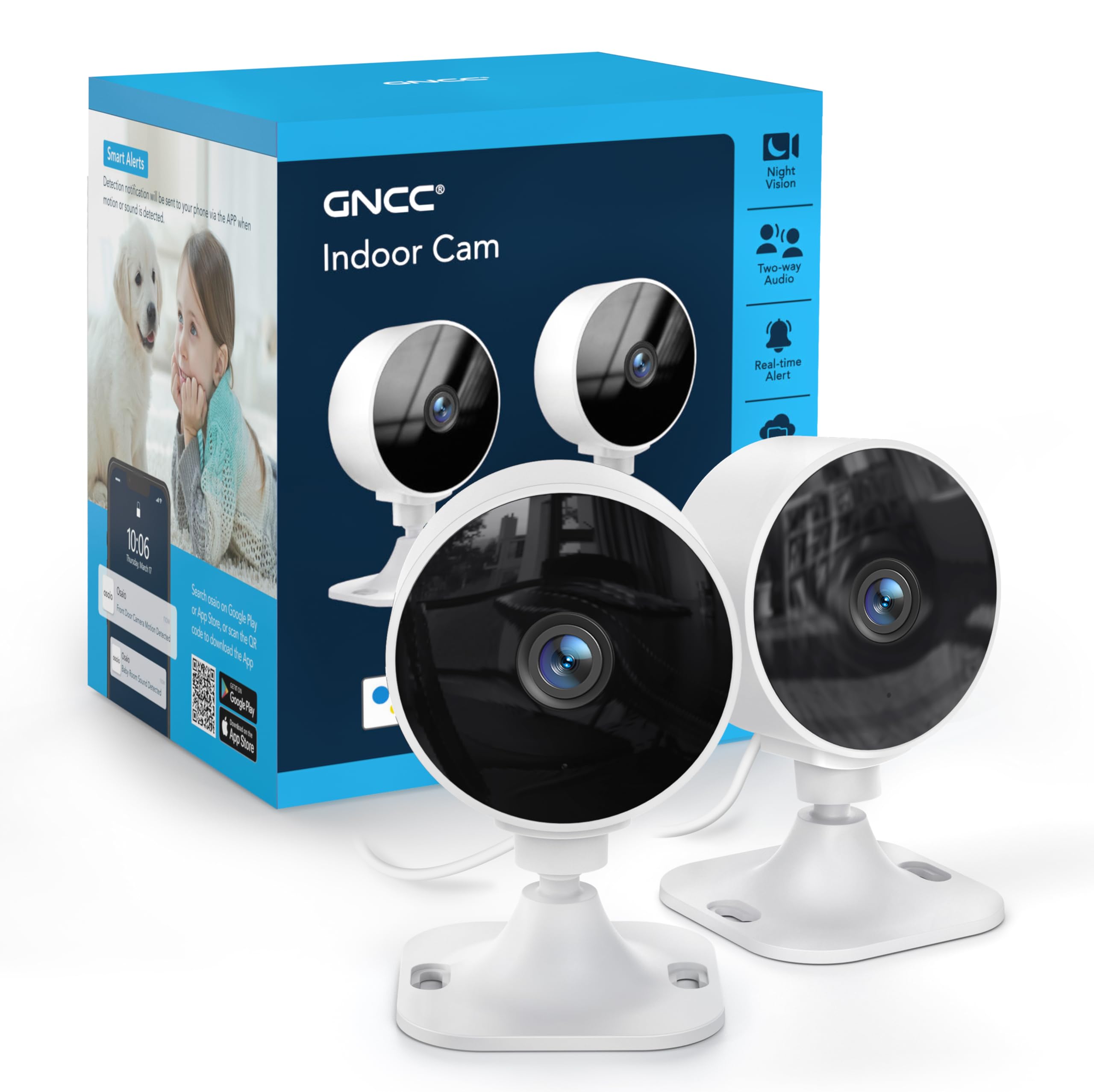 GNCC 2.4GHz Indoor Security Camera, 1080P Home Camera for Pet Monitoring, Motion Detection, Two-Way Audio, IR Night Vision, Easy Install, Cloud Storage Subscription Required, No 5GHz Support(1-Pack)