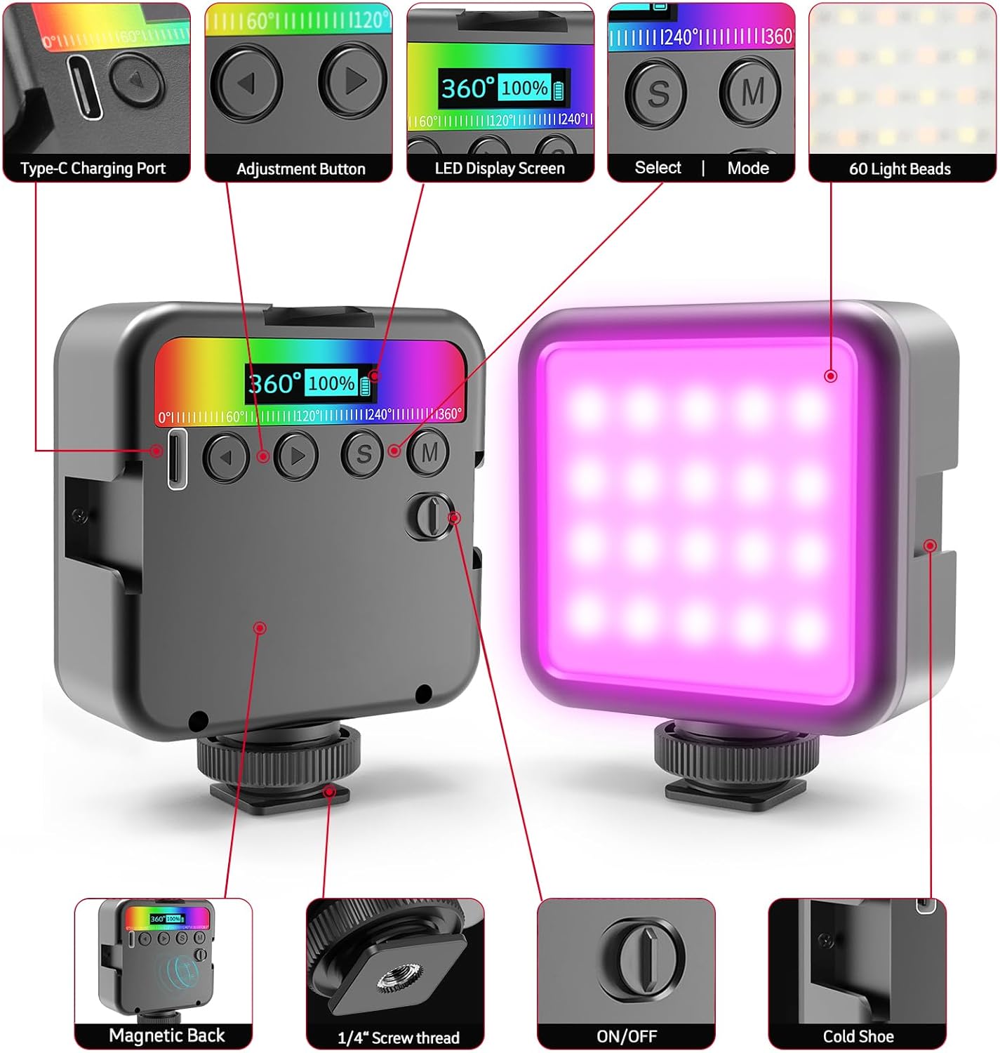 Altson Magnetic RGB Led Video Light LED Camera Light 360° Full Color Portable Photography Lighting Whit 3 Cold Shoe，，2000mAh Rechargeable CRI 96+/2500-9900K/13 Scene (Black)