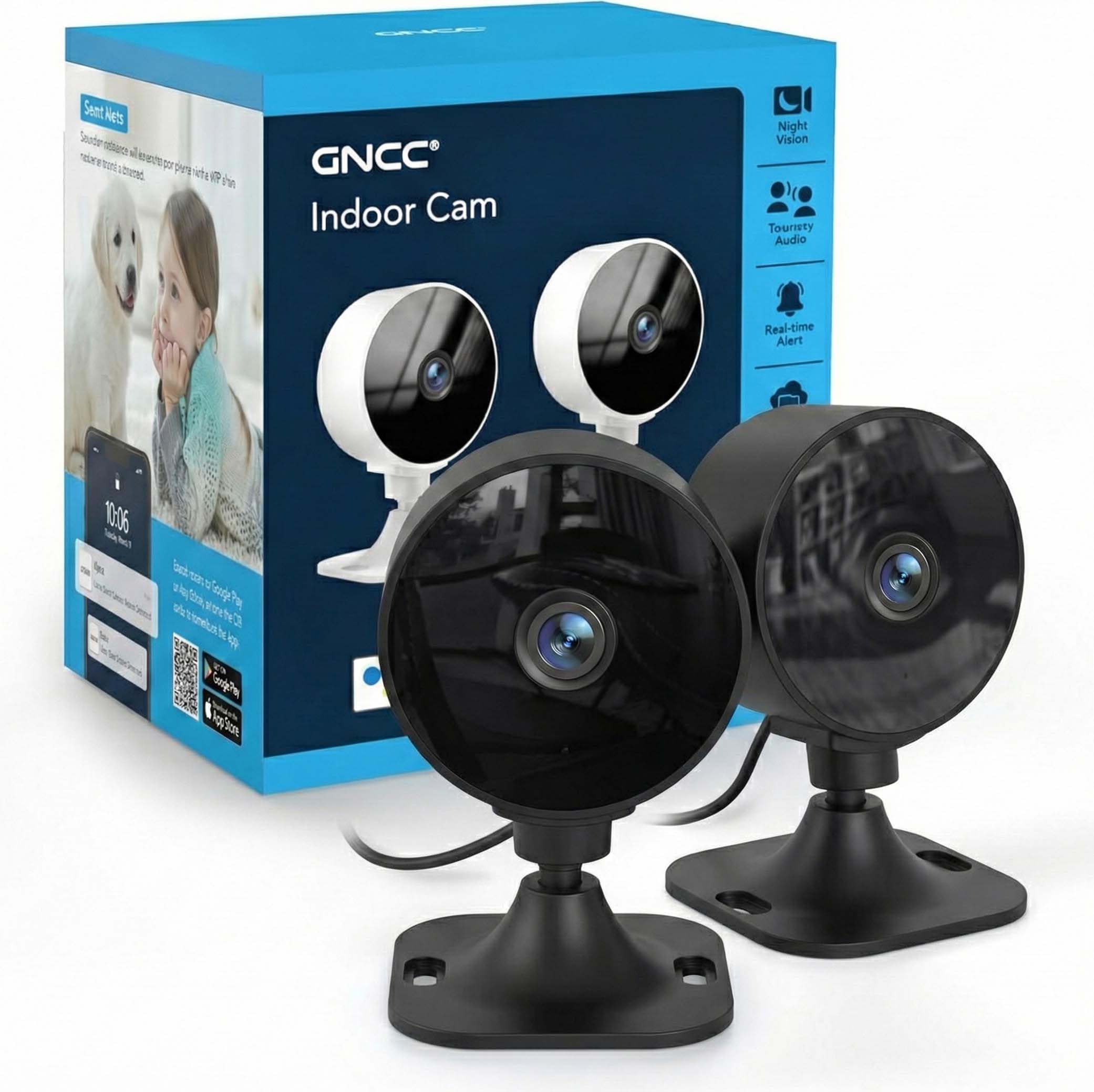 GNCC 2.4GHz Indoor Security Camera, 1080P Home Camera for Pet Monitoring, Motion Detection, Two-Way Audio, IR Night Vision, Easy Install, Cloud Storage Subscription Required, No 5GHz Support(Black-1P)