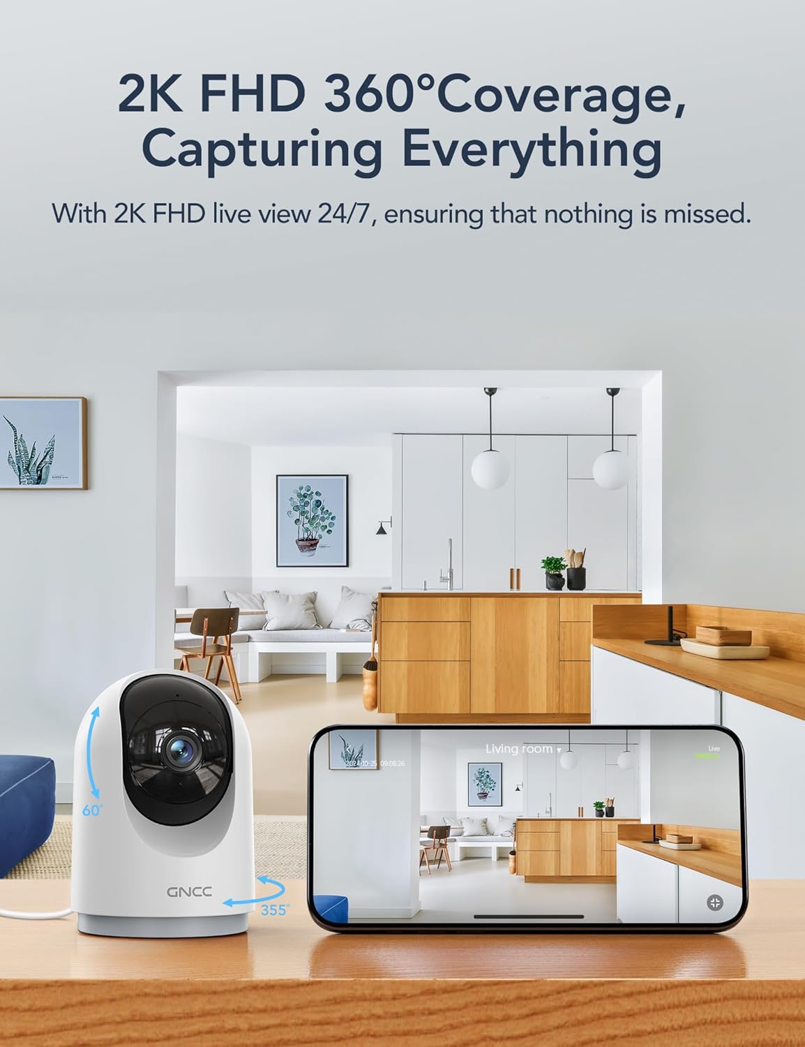 GNCC Indoor Security Camera Dog Camera Motion Detection, Cameras for Home Security with 2-Way Audio Siren, Night Vision, Cloud & SD Card Storage, Works w/Alexa & Google Home