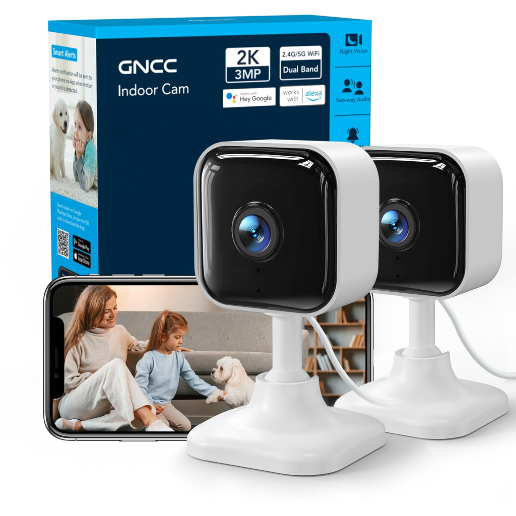 GNCC 2K Cameras for Home Security Indoor, 2.4G/5G Pet Cam with Phone App, Mini Dog Camera w/Motion Detection, 2 Way Audio, Works with Alexa, Cloud Subscription Required, Fixed View, Plug-in, 4Pack
