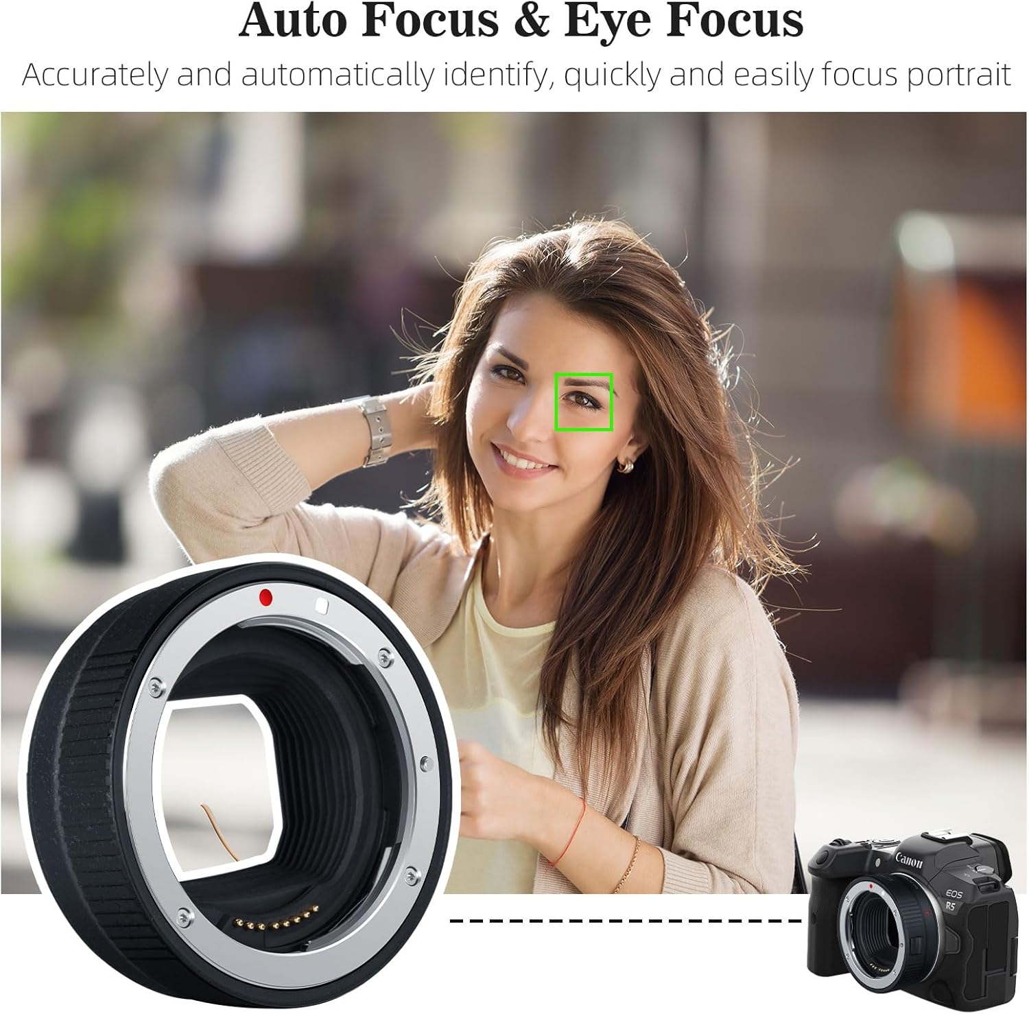 EF-EOS R Auto Focus Lens Mount Adapter, Compatible with Canon EF/EF-S Lenses for EOS R, R3, R5, R6, R7, R8, RP, R50, R100 Mirrorless Cameras