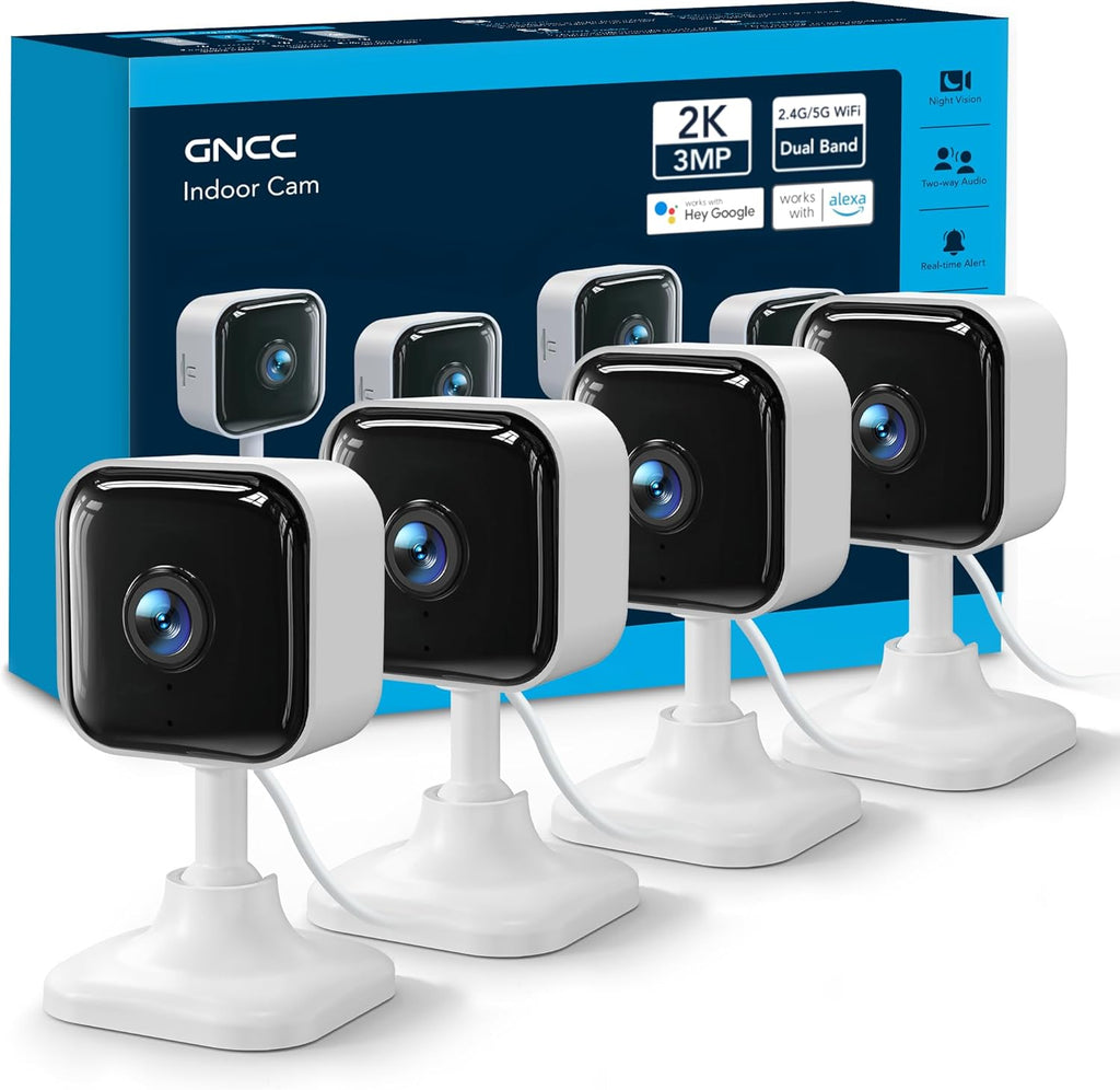 GNCC 2K Cameras for Home Security Indoor, 2.4G/5G Pet Cam with Phone App, Mini Dog Camera w/Motion Detection, 2 Way Audio, Works with Alexa, Cloud Subscription Required, Fixed View, Plug-in, 4Pack
