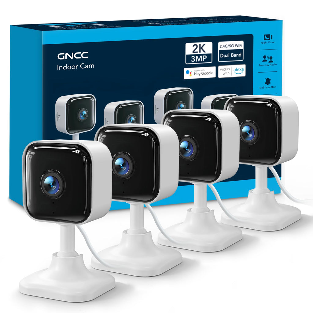 GNCC 2K Cameras for Home Security Indoor, 2.4G/5G Pet Cam with Phone App, Mini Dog Camera w/Motion Detection, 2 Way Audio, Works with Alexa, Cloud Subscription Required, Fixed View, Plug-in, 4Pack