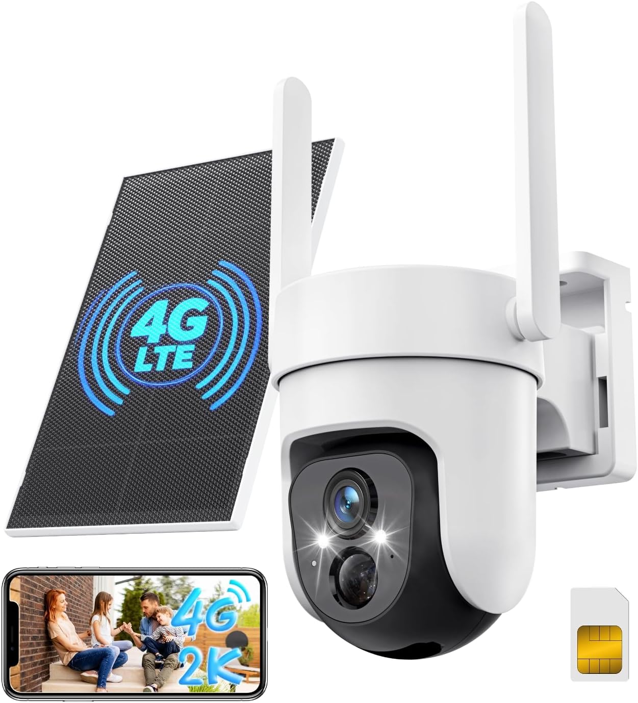 4G LTE Solar Security Camera Wireless Outdoor - SIM Card Included, No WiFi Needed, 9000mAh Battery, 2K Color Night Vision, 360° PTZ View, Off-Grid Home Security for Remote Farm, Ranch, and Job Site