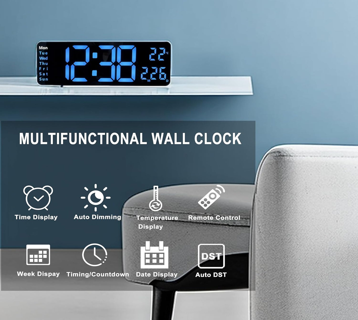 Digital Wall Clock, 13 Inch Large Display LED Wall Clock for Living Room Decor, Alarm Clock, Timer, 12/24H, Automatic Brightness Dimmer Large Clock with Day/Date/Temperature (13 Inches)