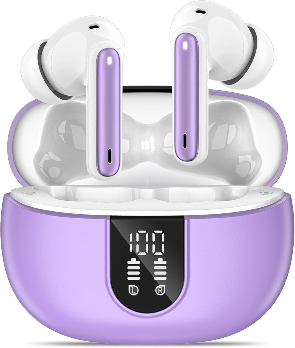 Wireless Earbuds, Bluetooth 5.3 Headphones 40Hrs Playtime Deep Bass Stereo, LED Power Display, Call Noise Canceling Headphones with Mic, IP7 Waterproof Earphones for iOS Android Purple