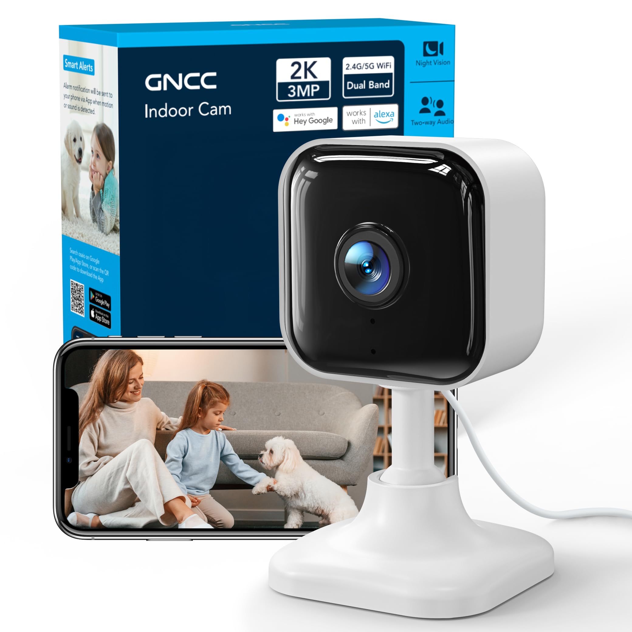 GNCC 2K Cameras for Home Security Indoor, 2.4G/5G Pet Cam with Phone App, Mini Dog Camera w/Motion Detection, 2 Way Audio, Works with Alexa, Cloud Subscription Required, Fixed View, Plug-in, 4Pack