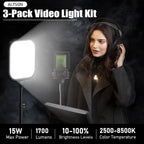 ALTSON 3 Pack LED Video Panel Light, 2500-8500K Dimmable Studio Lights with Tripod Stand & Phone Holder, 78" Photography Lighting Kit for Video Recording, Game Streaming, Photography, Tiktok, YouTube