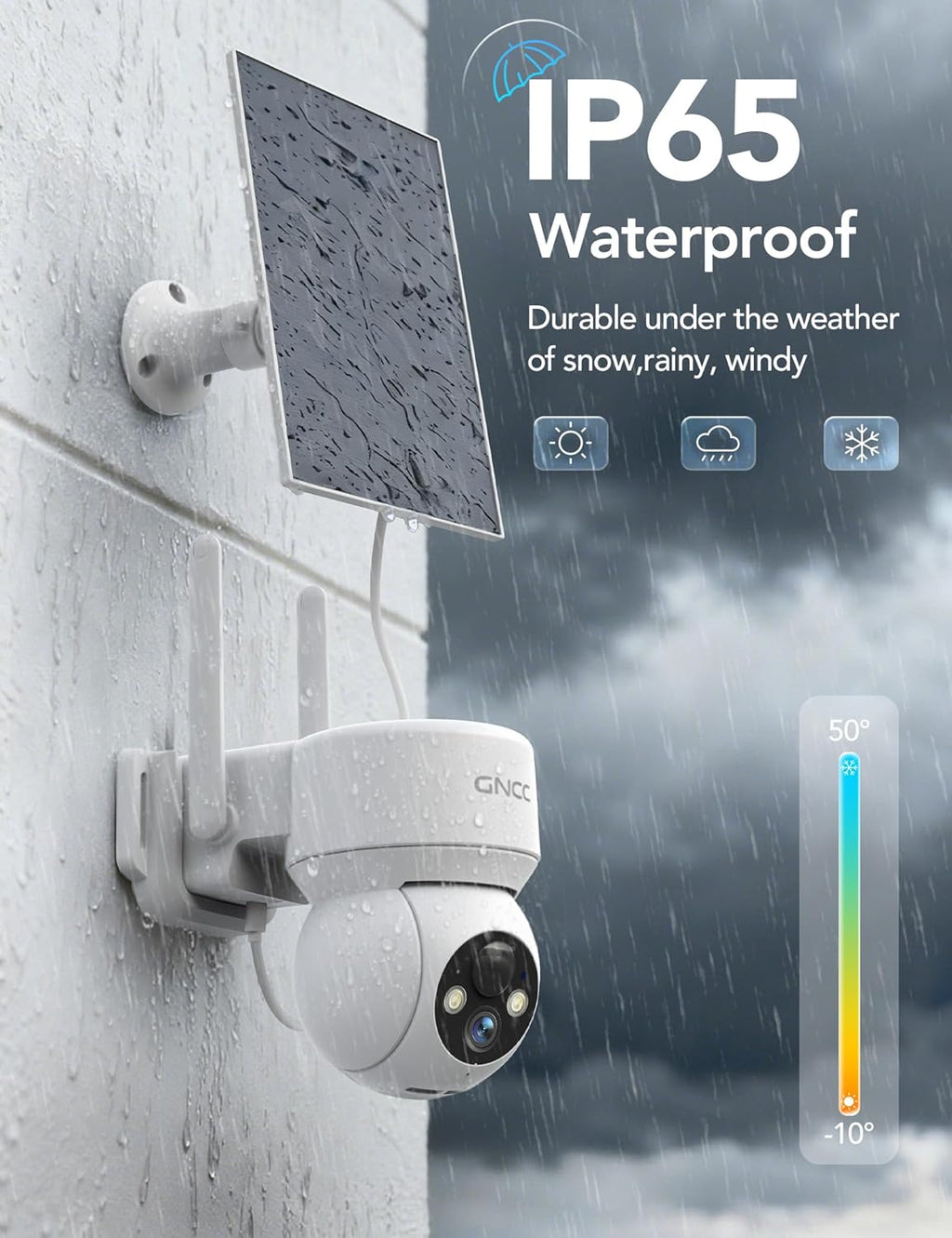 GNCC Solar Security Cameras Wireless Outdoor 2.4G WiFi, 360° View, Solar/Battery Powered, AI Human Detection, Color Night Vision, 2-Way Audio, Spotlight Siren Alarm, IP65 Waterproof, SD/Cloud Storage