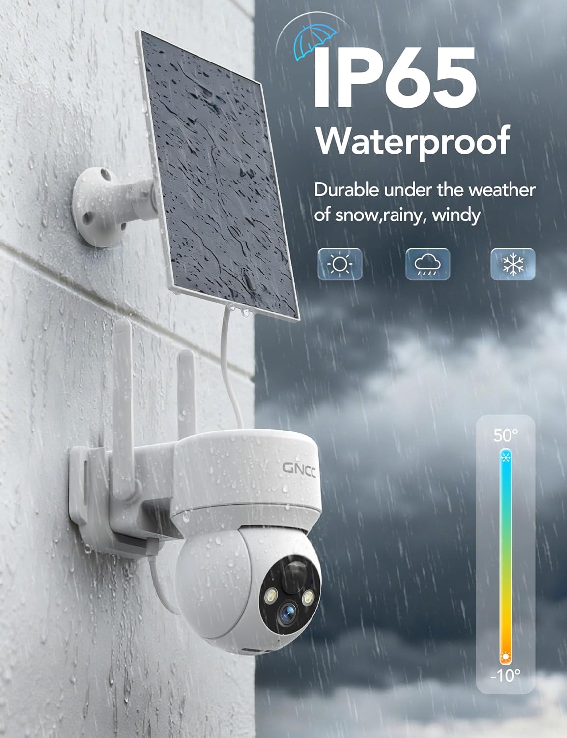 GNCC Solar Security Cameras Wireless Outdoor 2.4G WiFi, 360° View, Solar/Battery Powered, AI Human Detection, Color Night Vision, 2-Way Audio, Spotlight Siren Alarm, IP65 Waterproof, SD/Cloud Storage