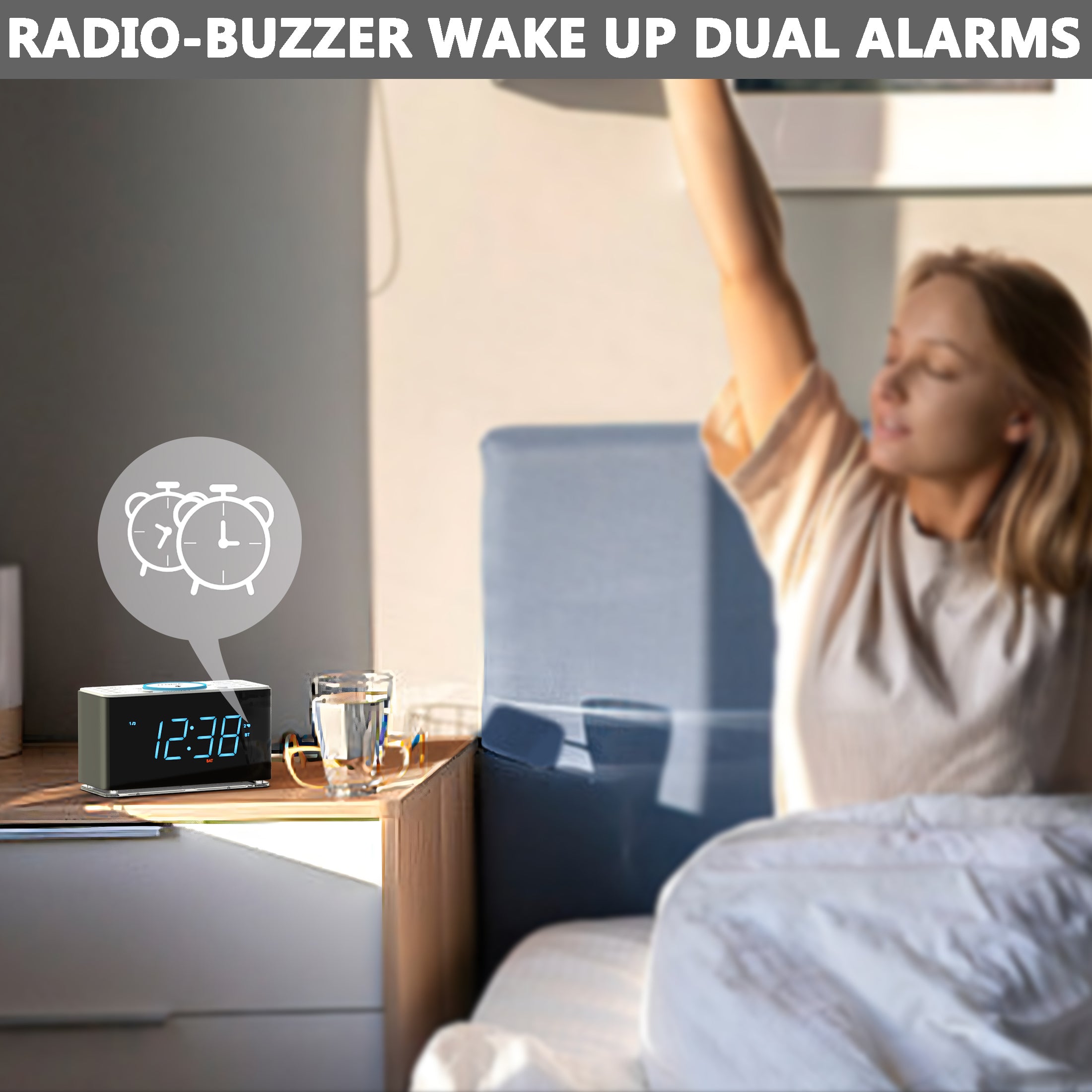 Bedside Alarm Clock Radio, 15 W Ultra Fast Wireless Phone Charger with wireless conncetion, USB Charging Port, Dual Alarm, Sleep Timer, Snooze, Dimmer, FM Radio,Cyan LED Night Light &1.4" Display iTOMA 207S