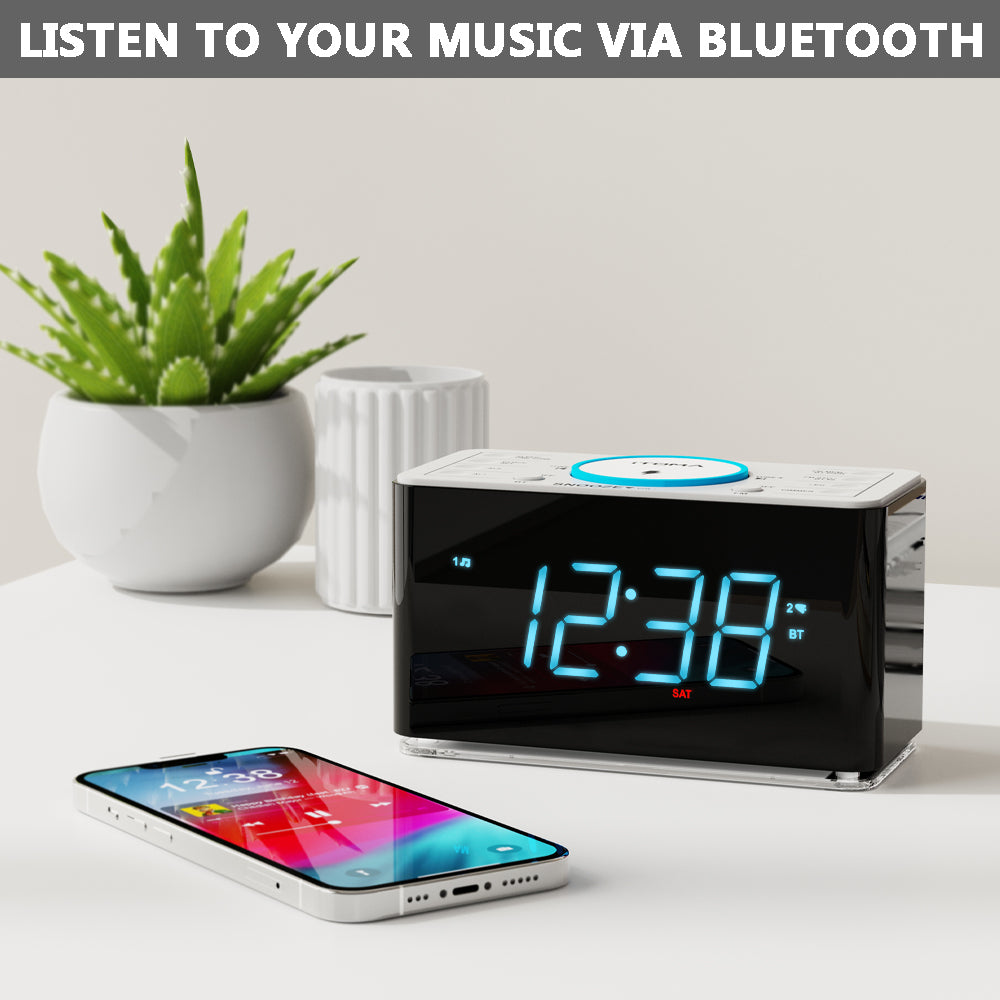 Alarm Clock Radio with 15W Wireless Charger, APP Control, FM Radio, Bluetooth, Two Charging Ports, Dual Alarm, Sleep Timer, Snooze, Auto-Manual Dimmer, Night Light &1.4" Ice Blue LED Display Clock Radio for Bedroom iTOMA 207A